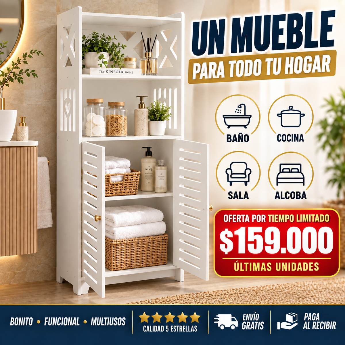 🧺 Organizador Multiusos en Madera PVC 🚪 Puertas y estantes | 💧 Resistente a la humedad | ✨ Fácil de limpiar | 📏 Compacto y funcional TT
