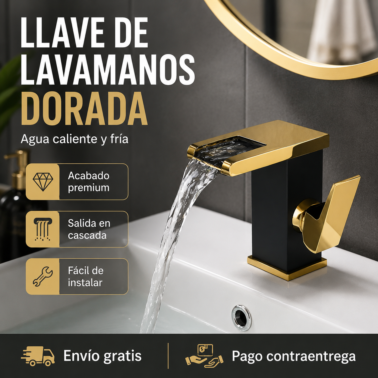 Llave de Lavamanos Dorada Agua caliente y fría
