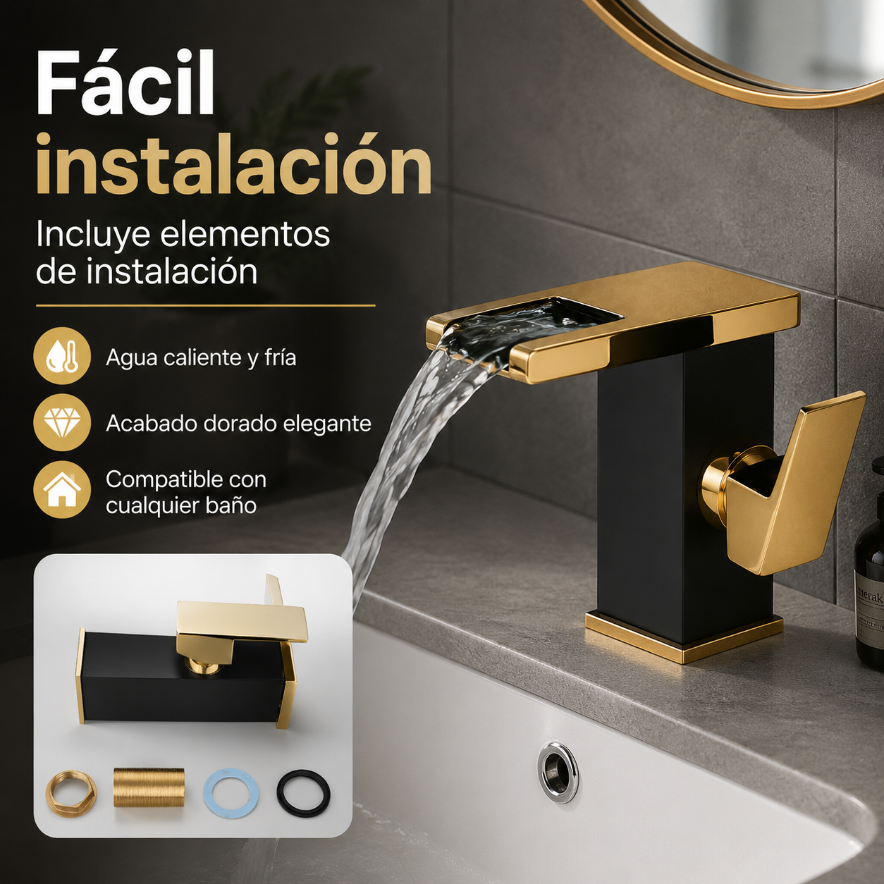 Llave de Lavamanos Dorada Agua caliente y fría