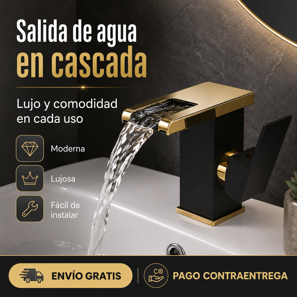 Llave de Lavamanos Dorada Agua caliente y fría