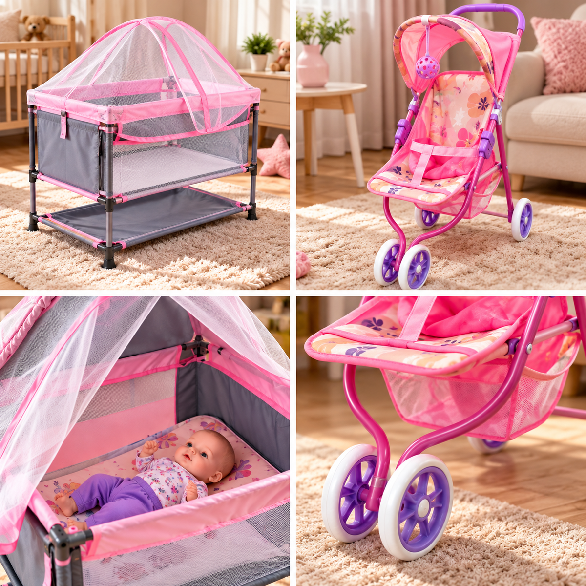 👉 Combo Coche 3 Ruedas + Corral Colecho Infantil | Aprende a Cuidar Jugando (Bebé opcional en combo)