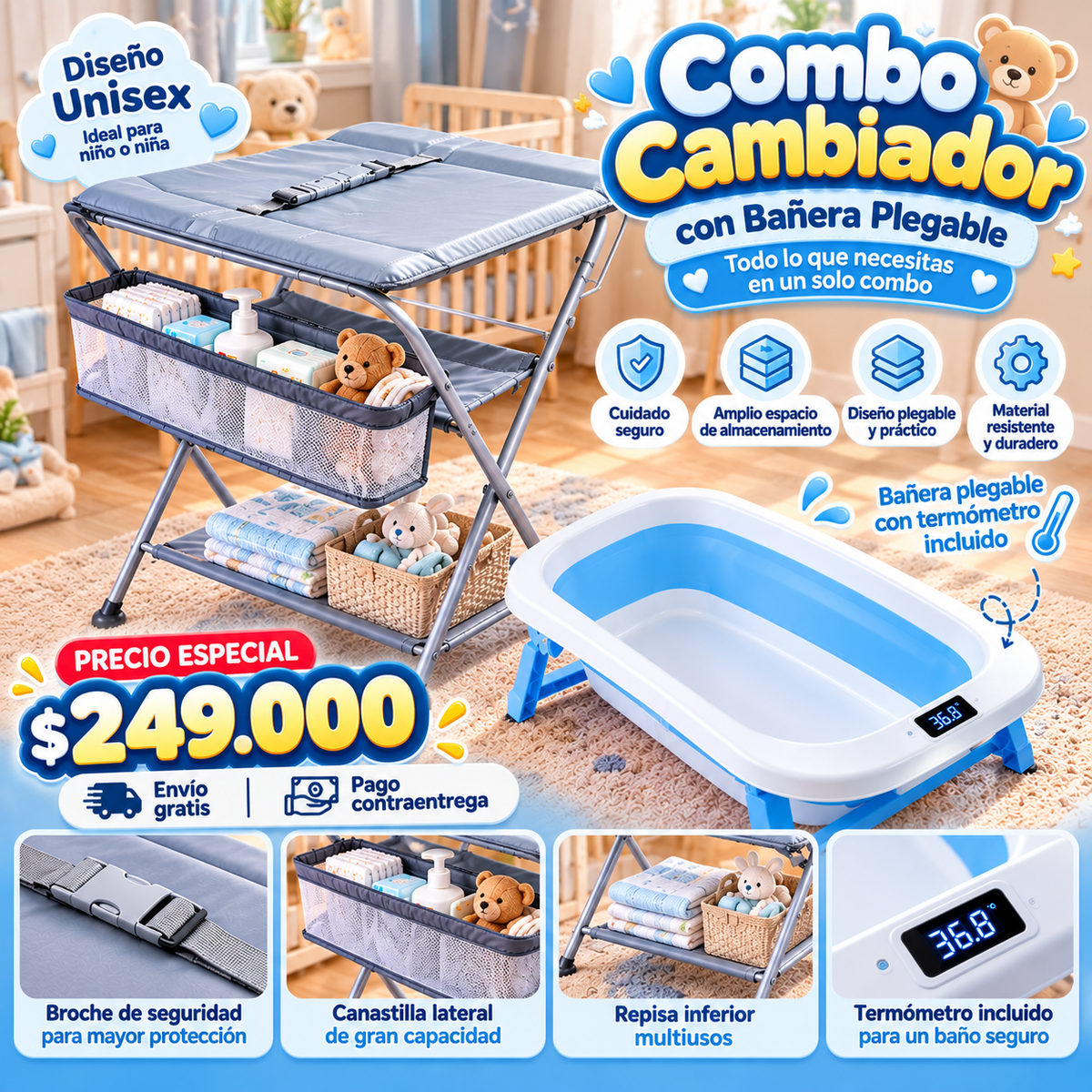 🍼👶👧 ¡ESCOGE TU COMBO IDEAL! 👦 Soporte Cambiador | 🛁 Cambiador + Bañera Unisex 🎀 TT