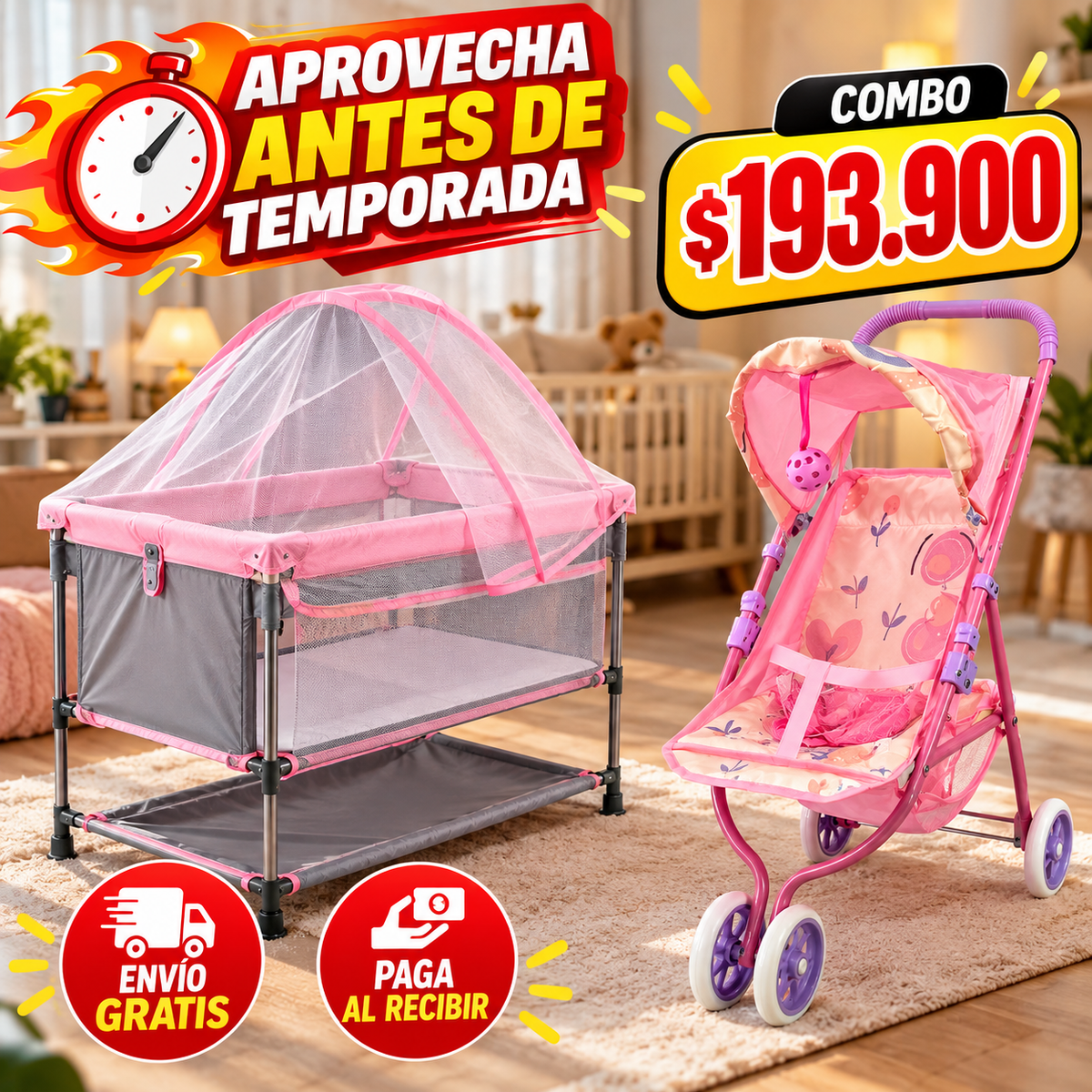 👉 Combo Coche 3 Ruedas + Corral Colecho Infantil | Aprende a Cuidar Jugando (Bebé opcional en combo)