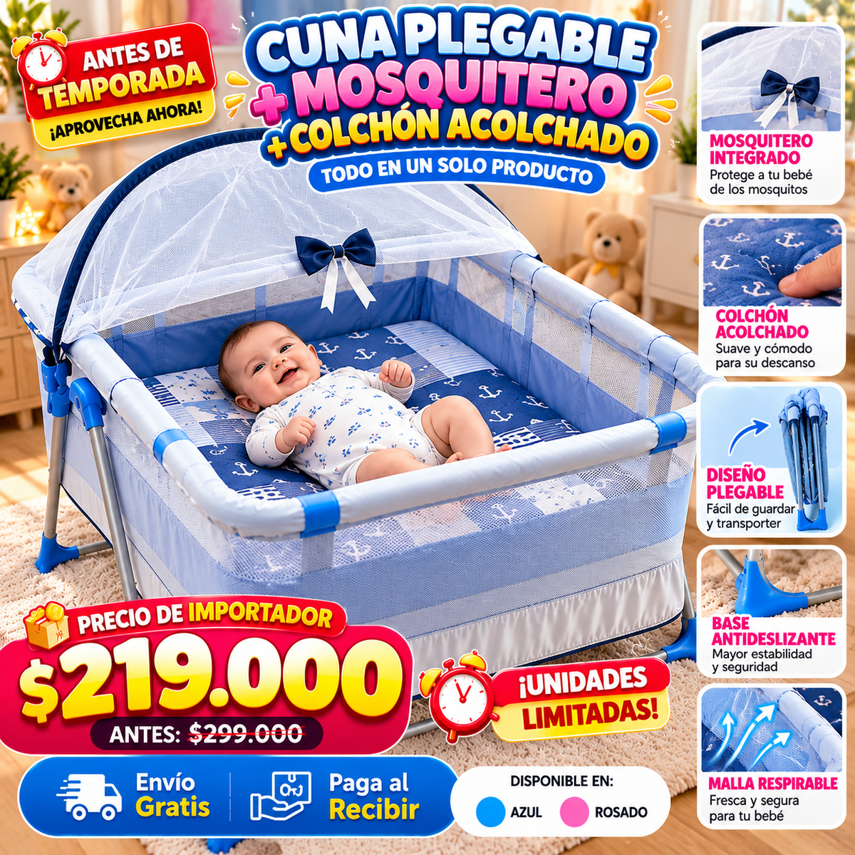 👶🦟 Cuna Plegable para Bebé con Mosquitero y Colchón Acolchado | Azul o Rosado