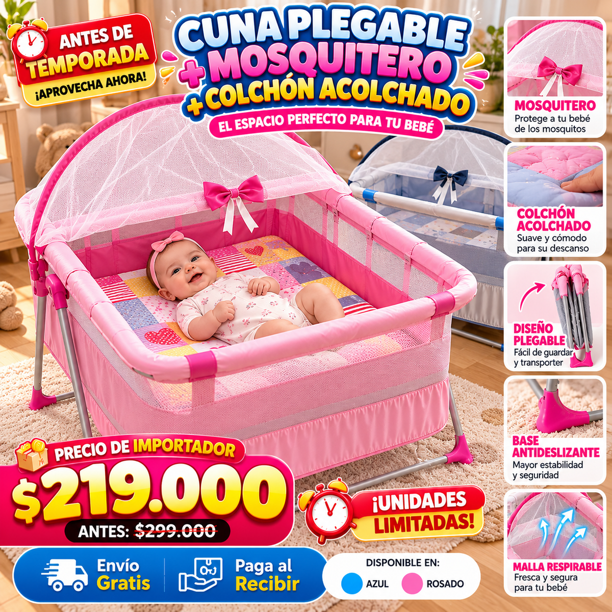 👶🦟 Cuna Plegable para Bebé con Mosquitero y Colchón Acolchado | Azul o Rosado