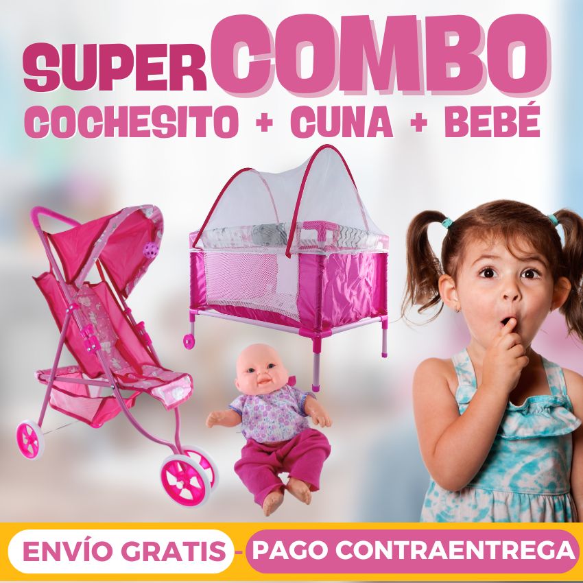 COMBO Cochesito con Cuna Y Bebé de Juguete