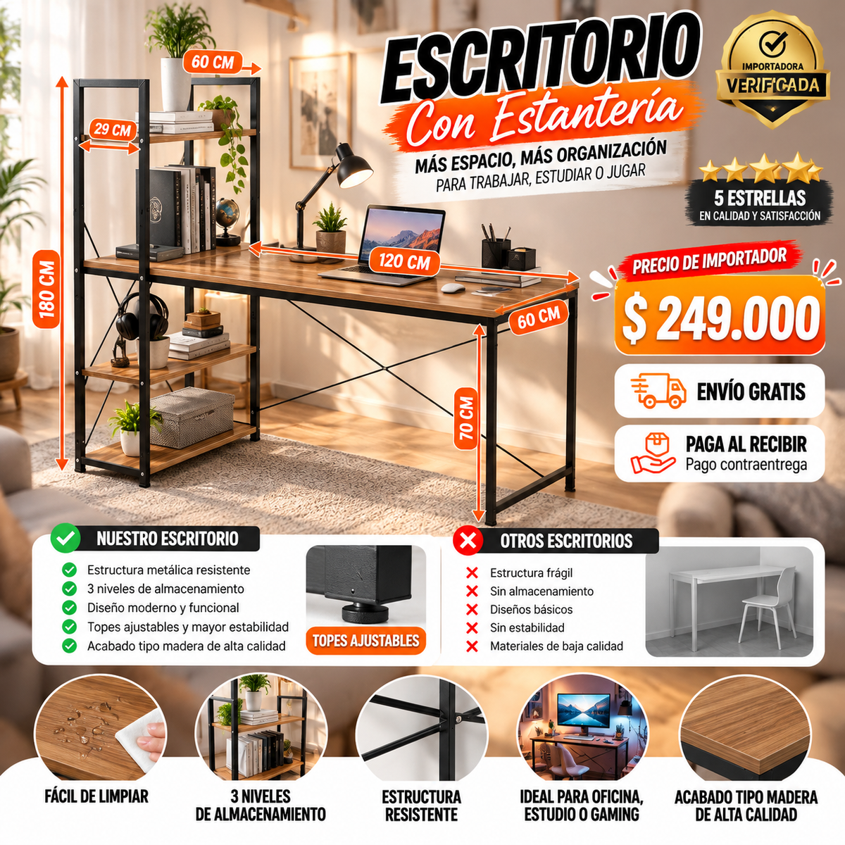 🔥 Escritorio con Repisas Integradas – Ideal para Oficina, Estudio y Setup Gamer