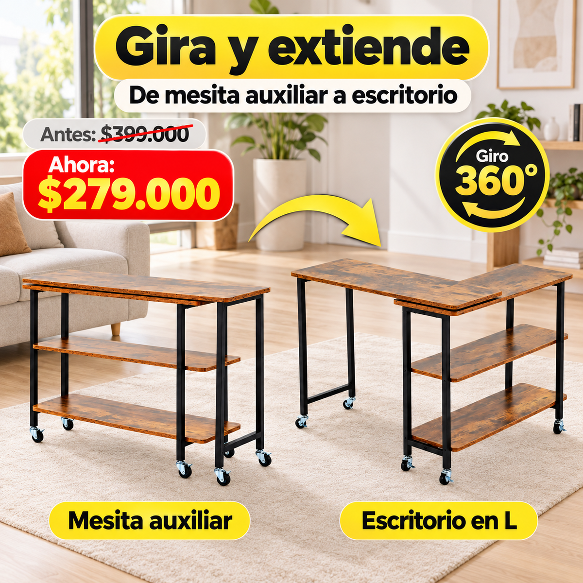 Mesa Auxiliar Multifuncional 360° con Ruedas y 3 Niveles de Almacenamiento