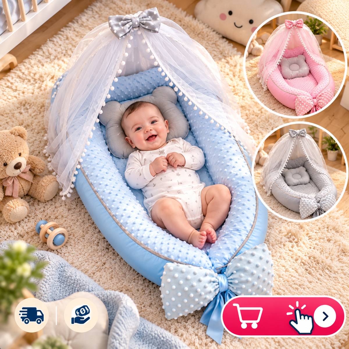 👶💗 Nido para Bebé Acolchado con Toldillo Antimosquitos y Almohadita Incluida | Rosado, Gris y Azul TT