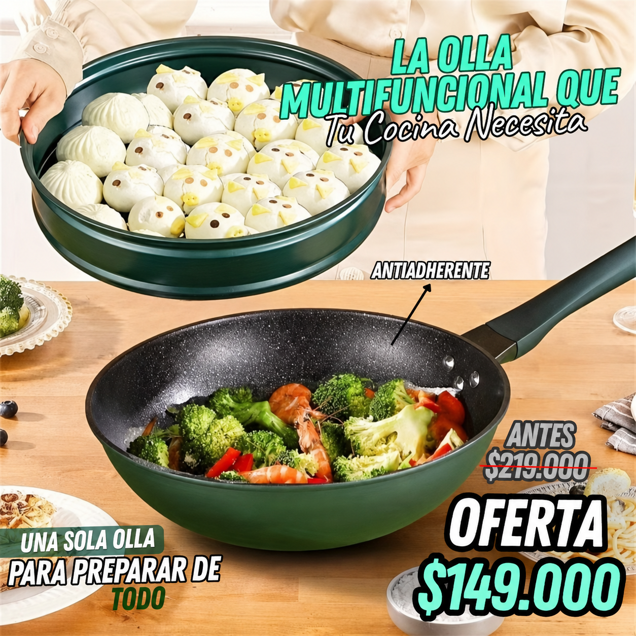 Sartén Wok Multifuncional 3 en 1 Antiadherente con Tapa y Vaporera