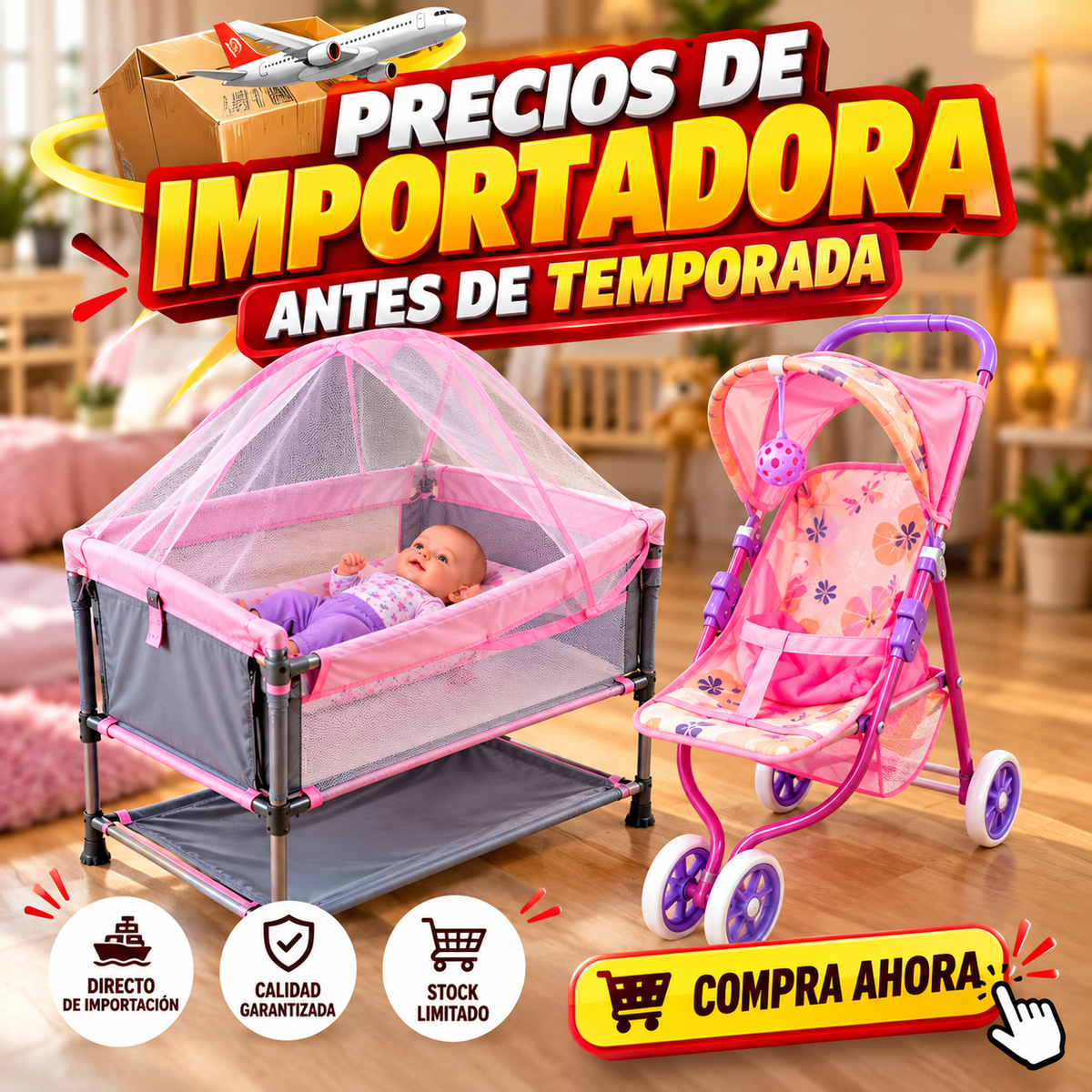 👉 Combo Coche 3 Ruedas + Corral Colecho Infantil | Aprende a Cuidar Jugando (Bebé opcional en combo)