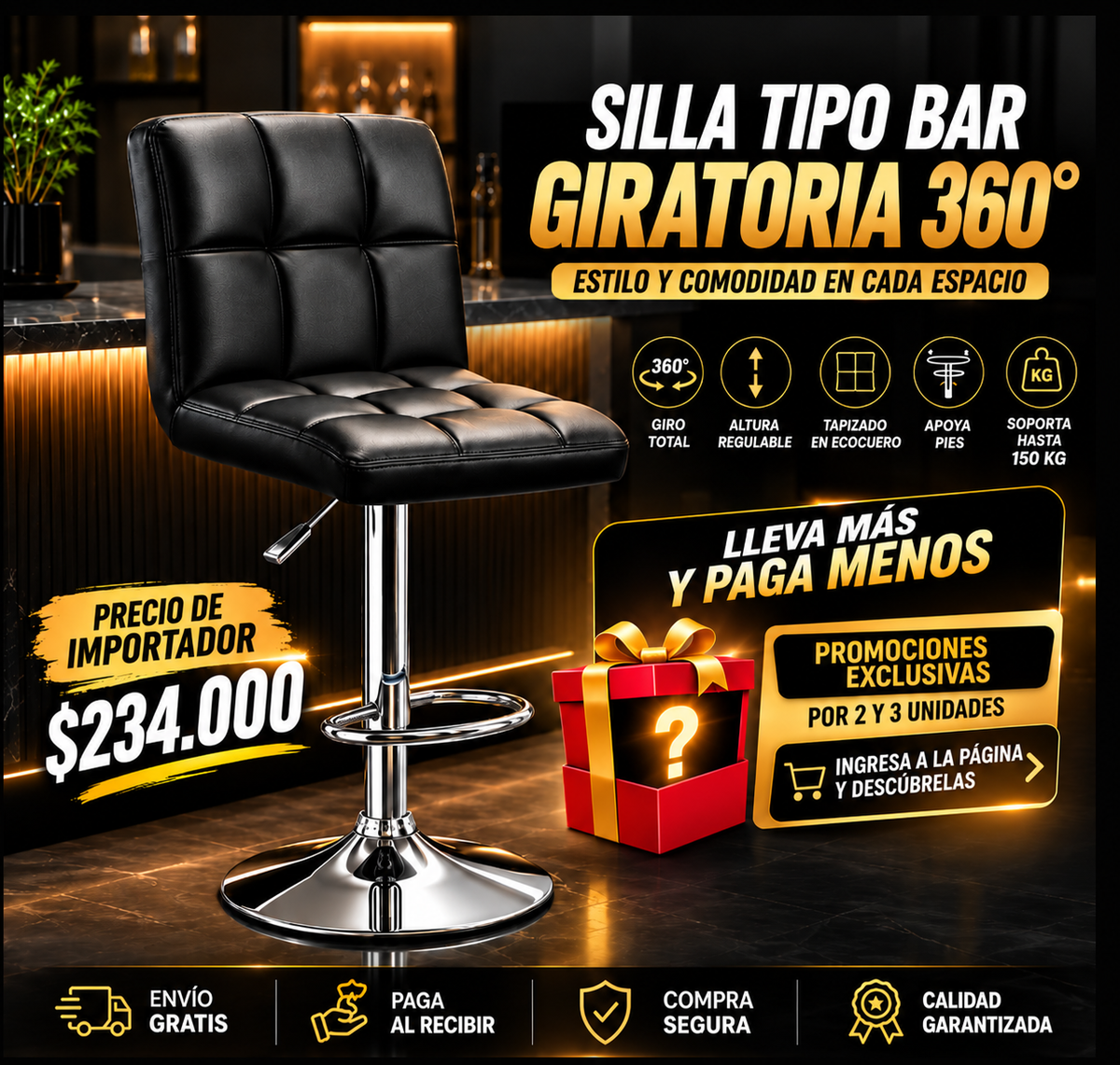 Silla Tipo Bar Giratoria 360° con Sistema Neumático