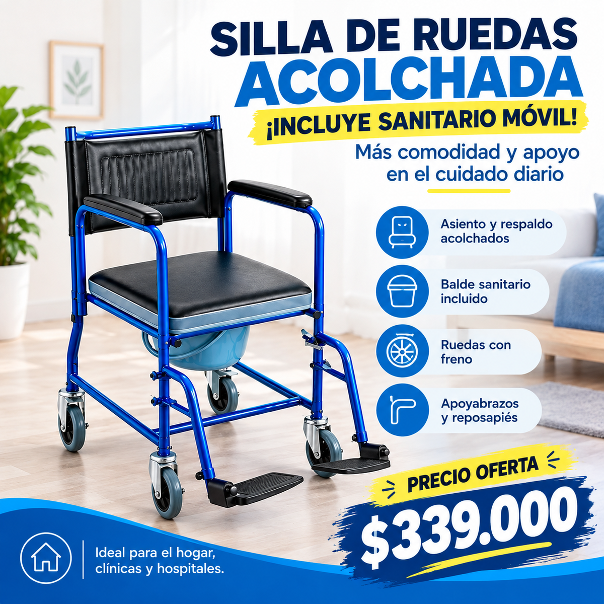 Silla de Ruedas Sanitaria Acolchada con Balde Móvil Incluido | Comodidad y Seguridad