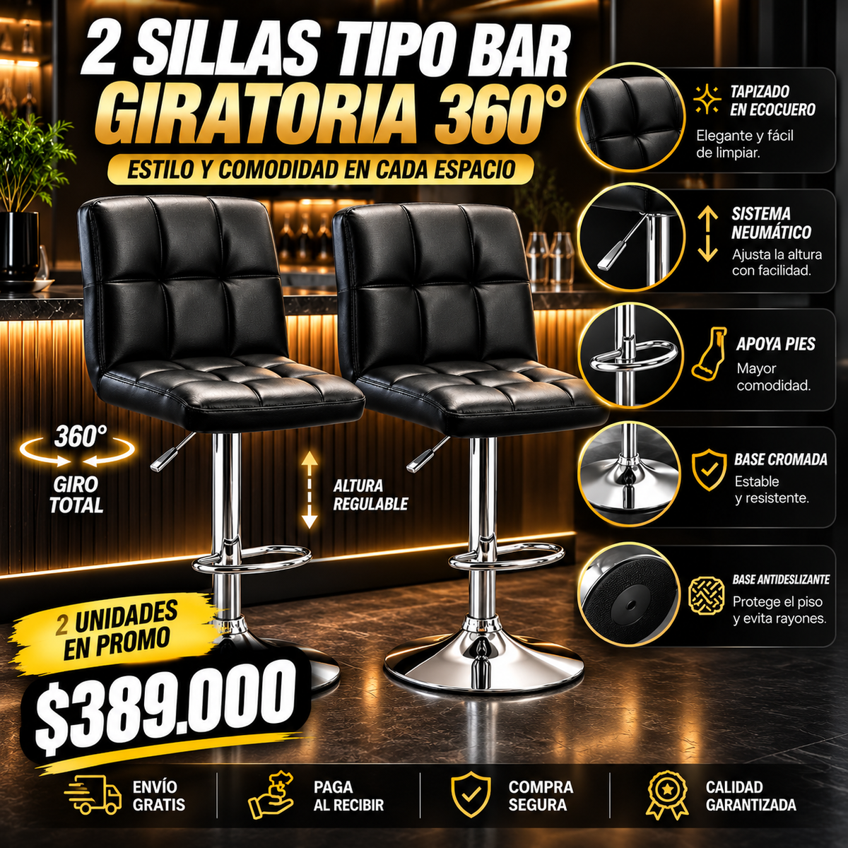 Silla Tipo Bar Giratoria 360° con Sistema Neumático