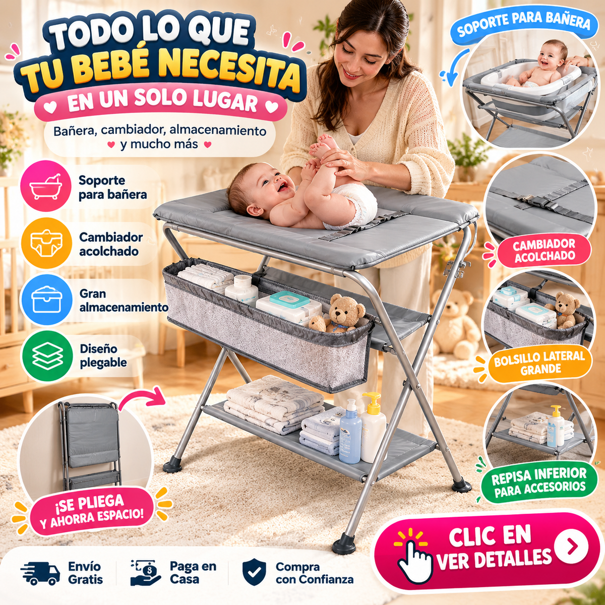 🍼 Soporte para Bañera y Cambiador de Bebé 3 en 1 | Organizador Plegable
