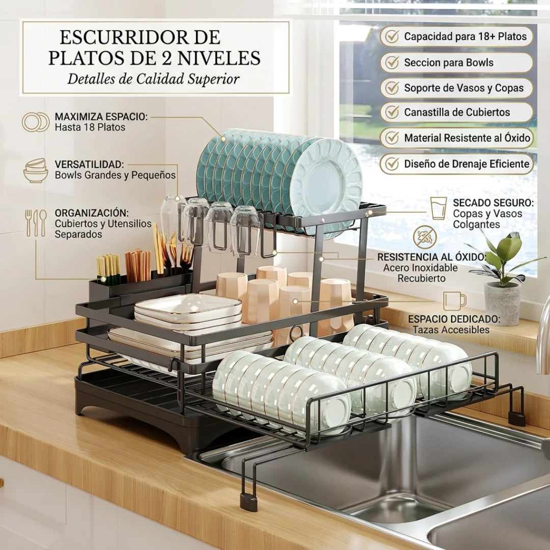Escurridor de Platos 2 Niveles con Drenaje 360° – Organizador de Cocina para Lavaplatos
