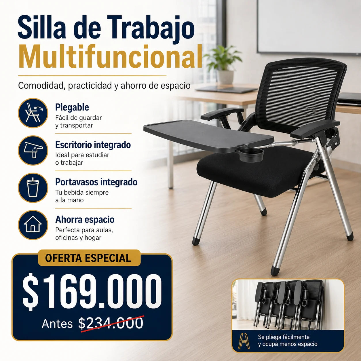 Silla Plegable Multifuncional con Escritorio Abatible y Portavasos