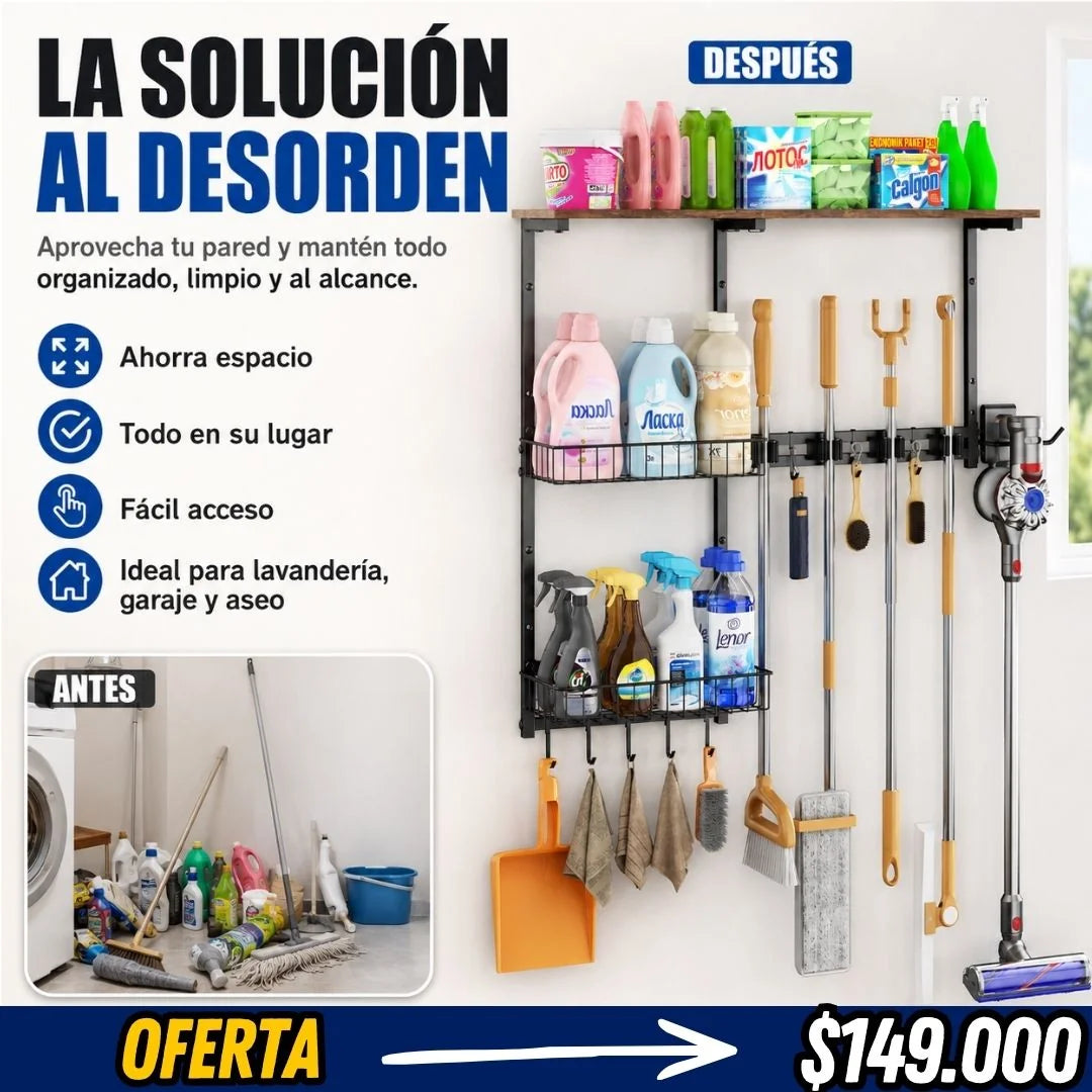 Organizador Multiusos de Pared para Aseo y Lavandería – Estantes, Ganchos y Soporte para Escobas