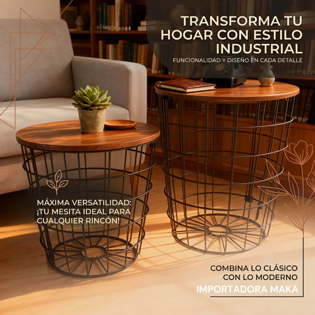 Set x2 Mesas Auxiliares Metálicas con Tapa de Madera y Almacenamiento
