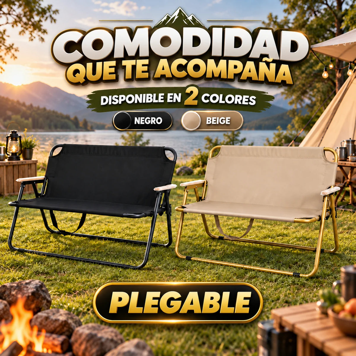 Sofá Plegable Doble para Camping, Exterior y Reuniones | 2 Puestos