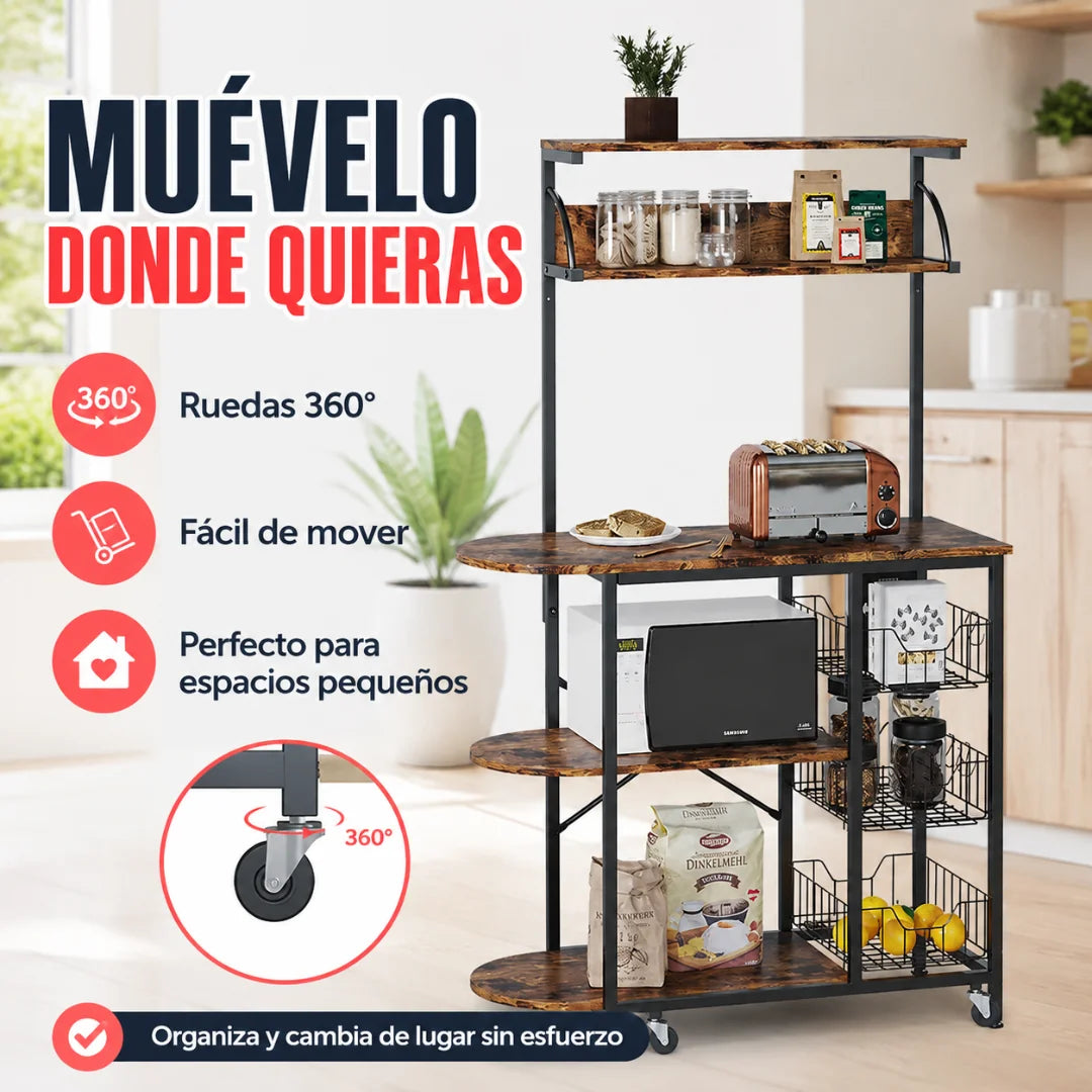 Mueble Organizador Multifuncional de Cocina con Ruedas, Repisas y Canastas