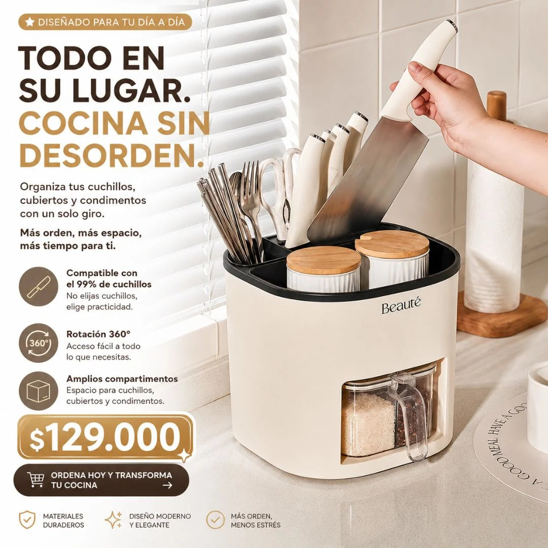 Organizador Giratorio 360° para Cuchillos, Cubiertos y Condimentos