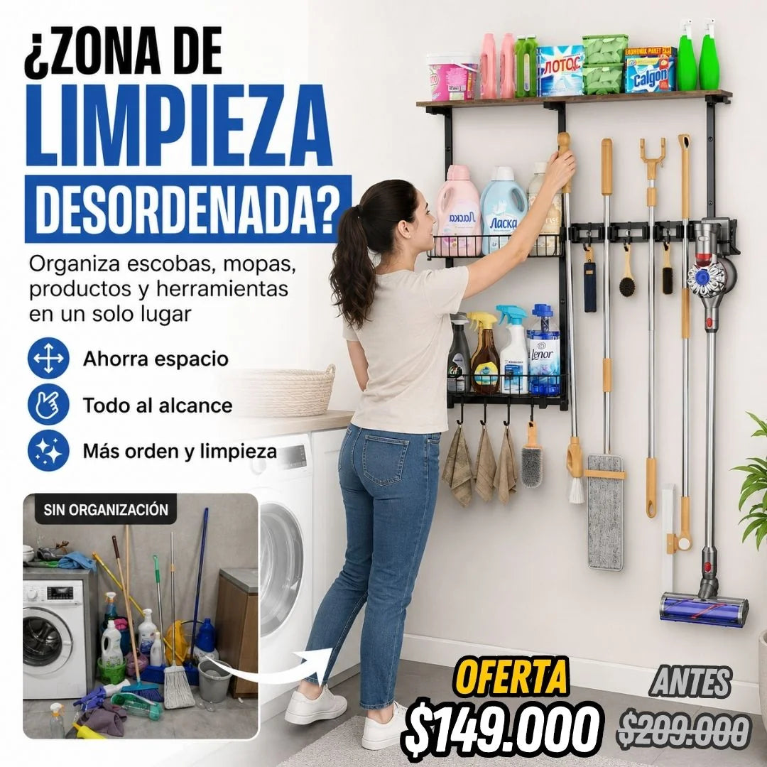 Organizador Multiusos de Pared para Aseo y Lavandería – Estantes, Ganchos y Soporte para Escobas