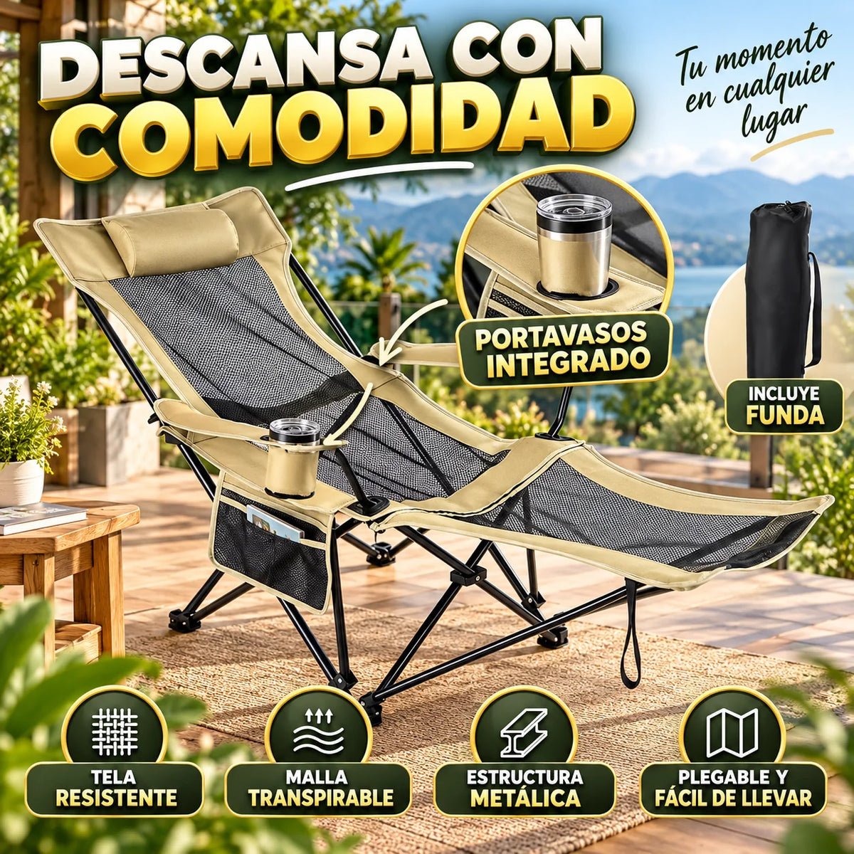 Silla Reclinable Plegable 2 en 1 con Reposapiés Ajustable – Descanso Total
