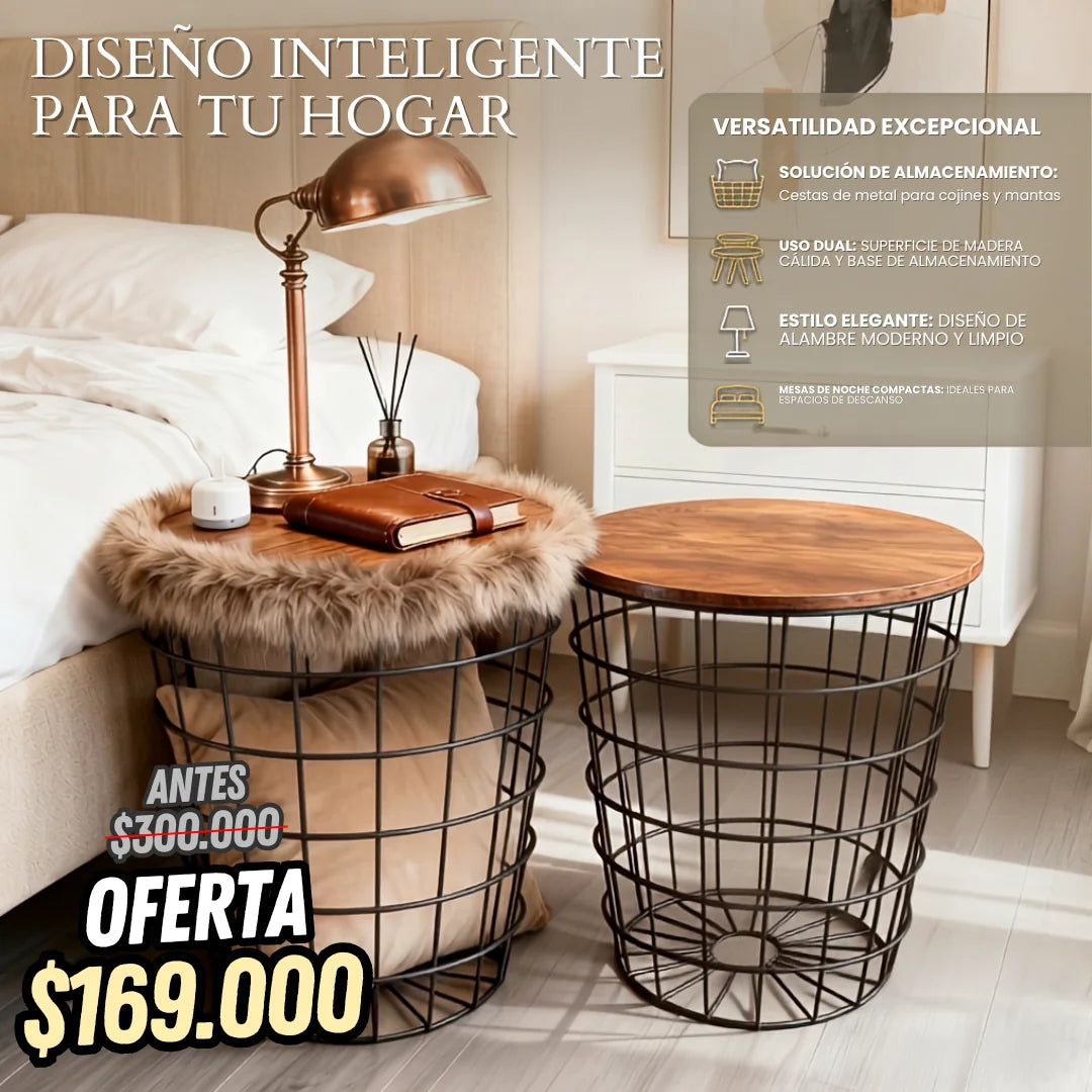 Set x2 Mesas Auxiliares Metálicas con Tapa de Madera y Almacenamiento