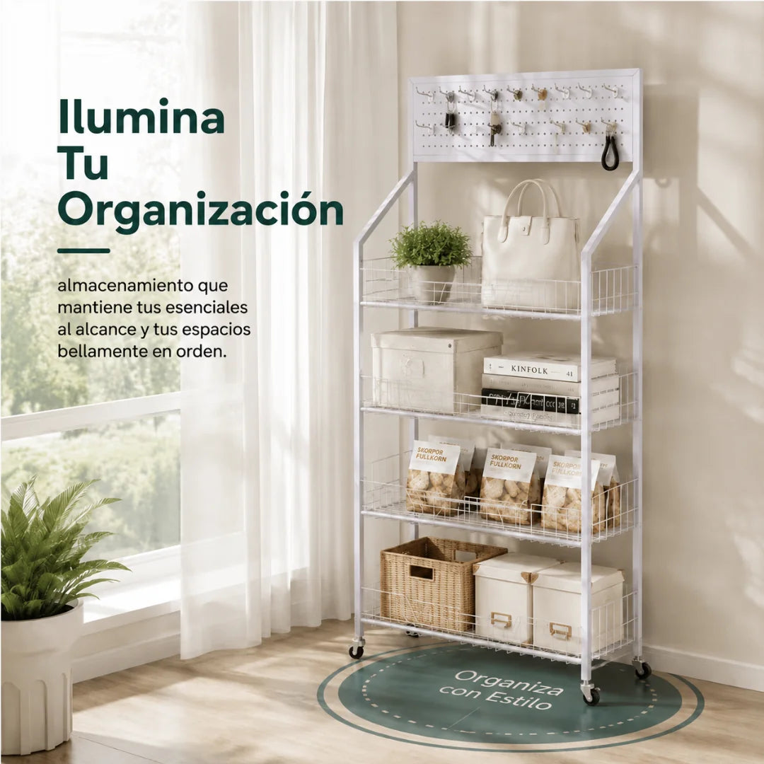 Estantería Organizadora Multinivel con Ruedas y Panel de Ganchos