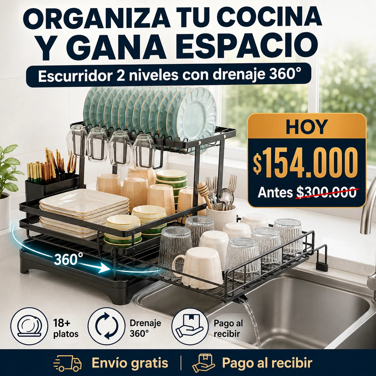 Escurridor de Platos 2 Niveles con Drenaje 360° – Organizador de Cocina para Lavaplatos
