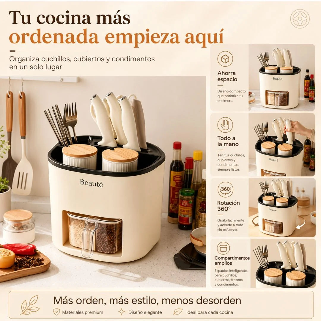 Organizador Giratorio 360° para Cuchillos, Cubiertos y Condimentos