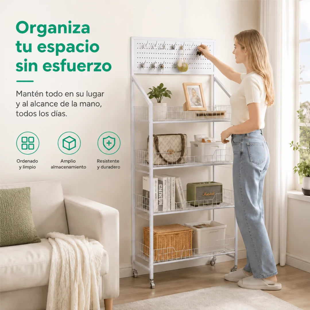 Estantería Organizadora Multinivel con Ruedas y Panel de Ganchos