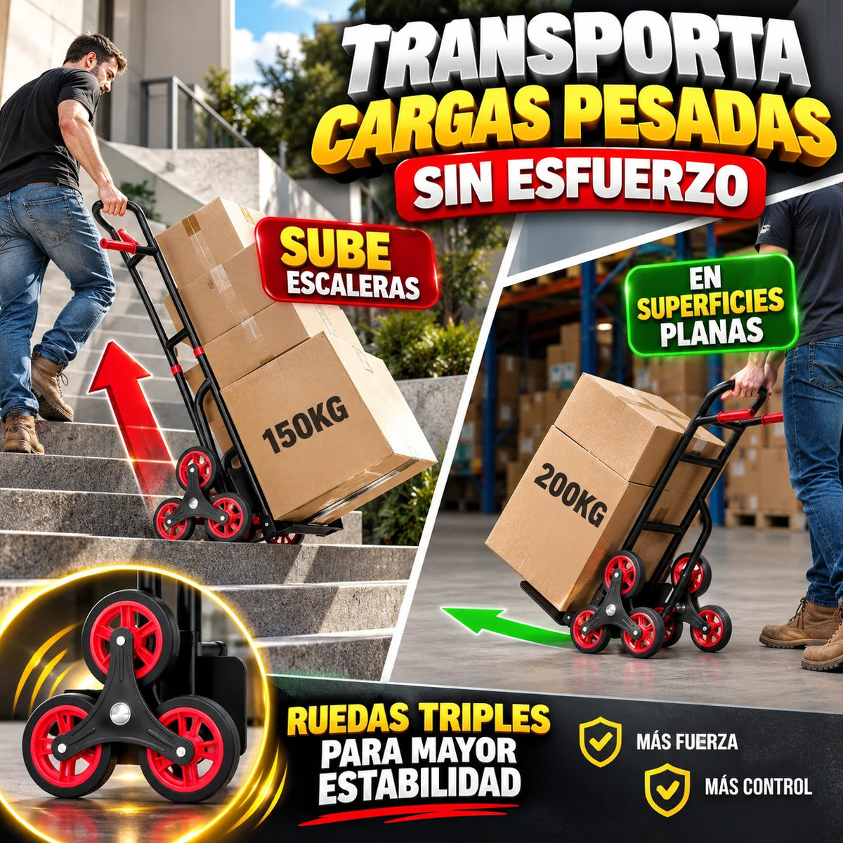 Carretilla Sube Escaleras 3 Ruedas Pro | Carro de Carga Multifuncional