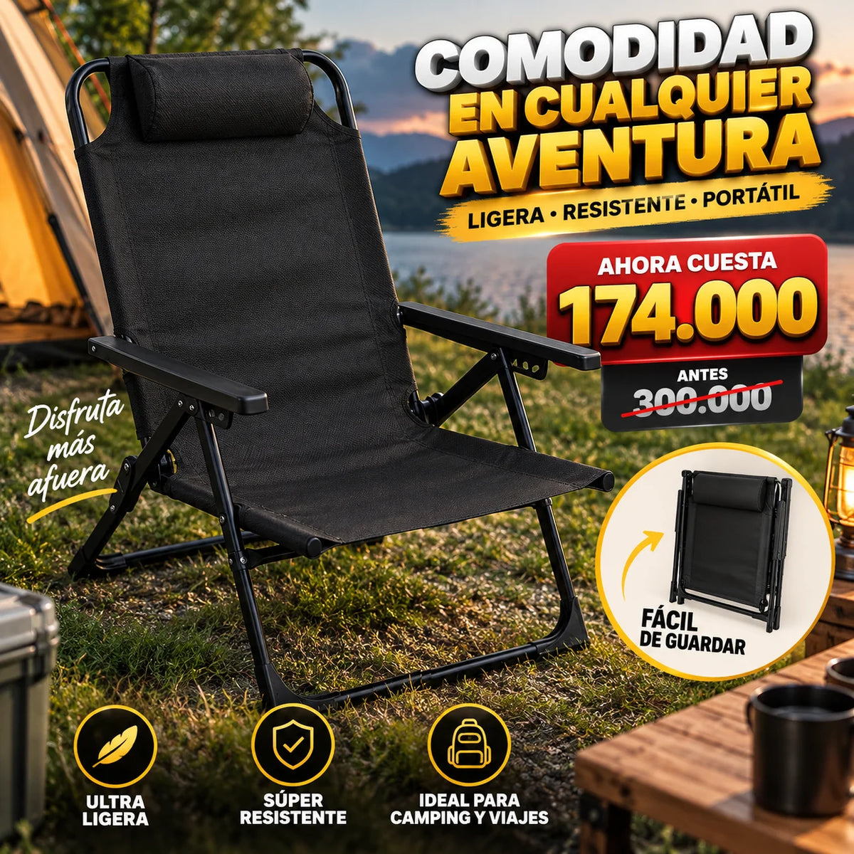 Silla Reclinable Plegable de 4 Posiciones | Camping, Casa y Descanso