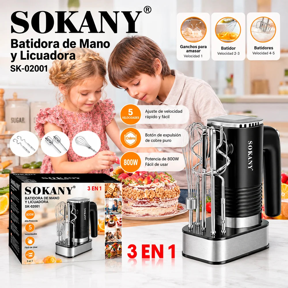 Batidora de Mano 3 en 1 de 800W | 5 Velocidades + Accesorios para Repostería