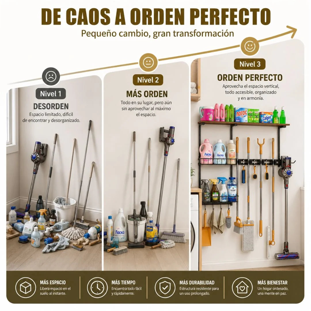 Organizador Multiusos de Pared para Aseo y Lavandería – Estantes, Ganchos y Soporte para Escobas