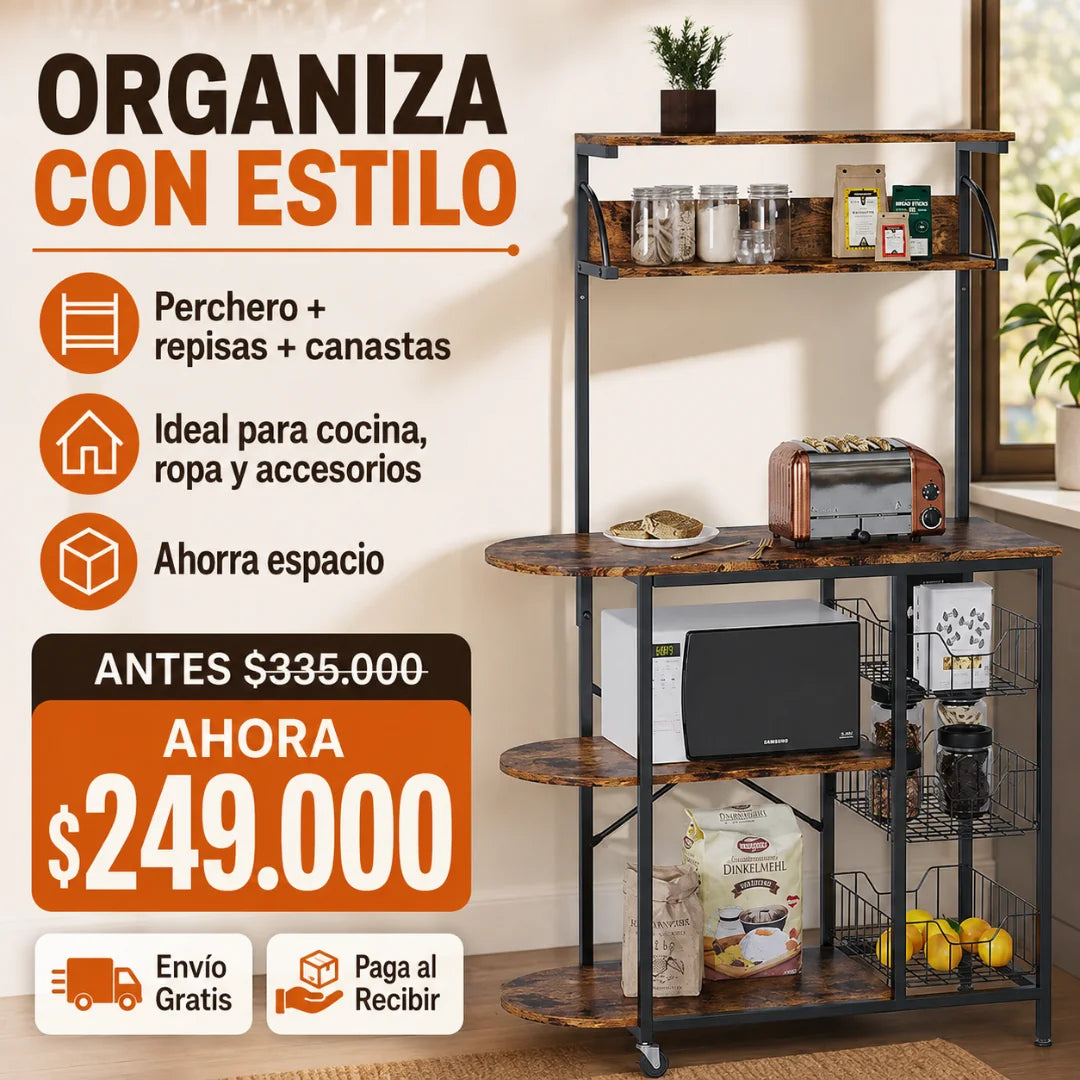 Mueble Organizador Multifuncional de Cocina con Ruedas, Repisas y Canastas