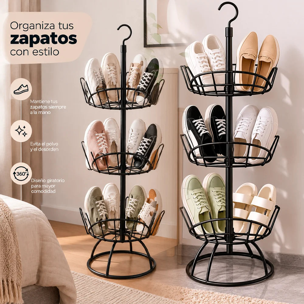 Zapatero Organizador Giratorio 360° de 3 Niveles | Ahorra Espacio y Mantén tus Zapatos Ordenados