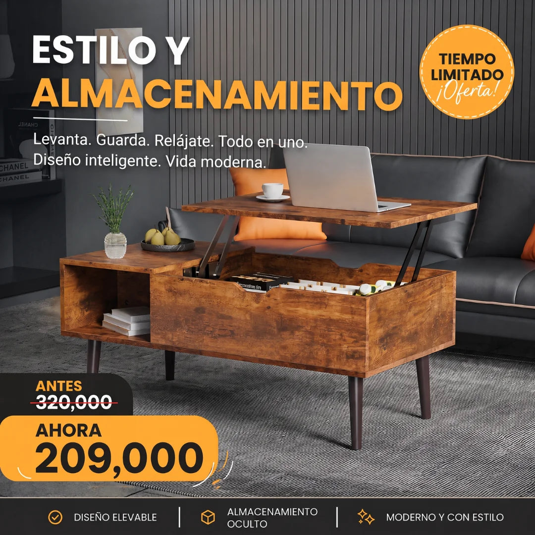 Mesa de Centro Elevable con Almacenamiento Oculto