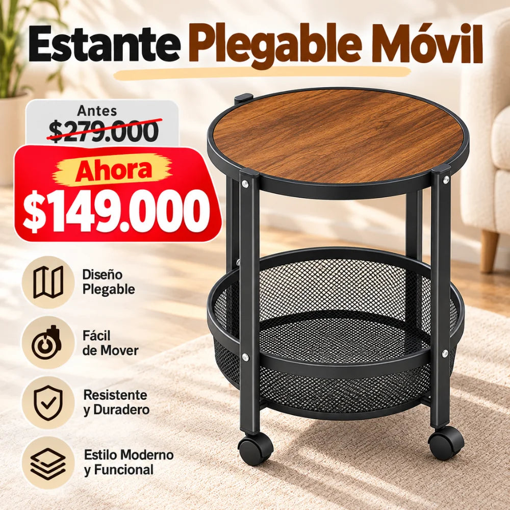 Mesa Auxiliar Plegable 2 en 1 con Ruedas y Canasta Organizadora