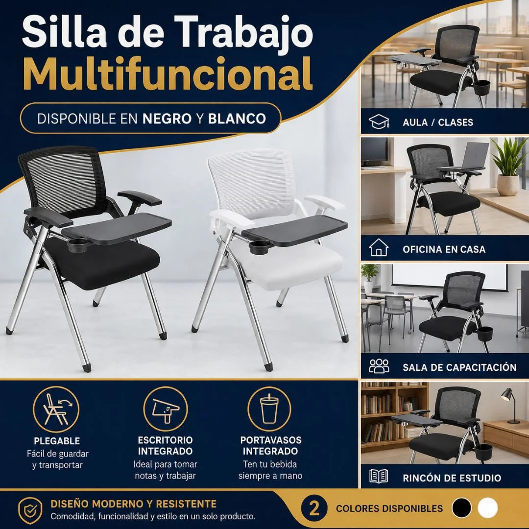Silla Plegable Multifuncional con Escritorio Abatible y Portavasos