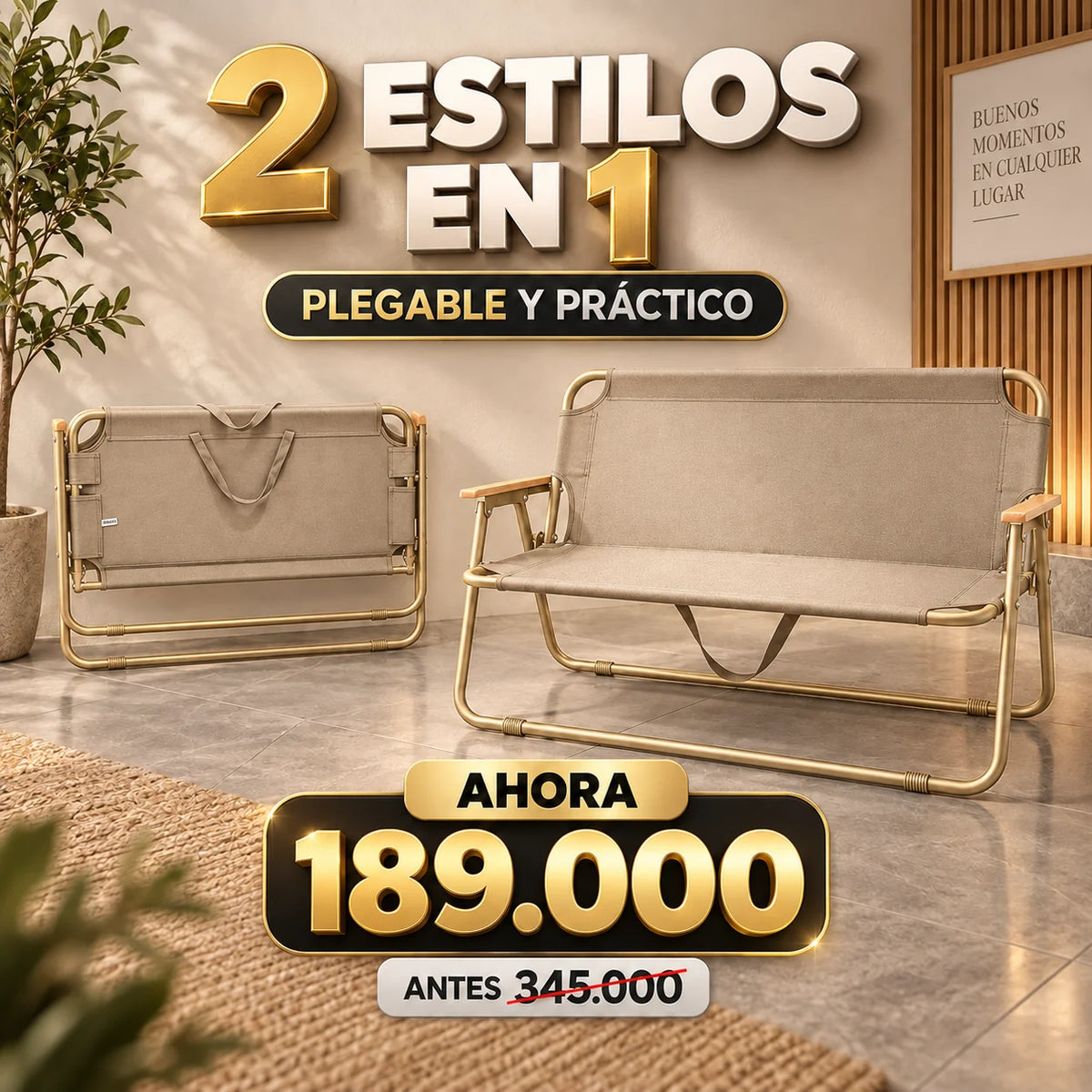 Sofá Plegable Doble para Camping, Exterior y Reuniones | 2 Puestos