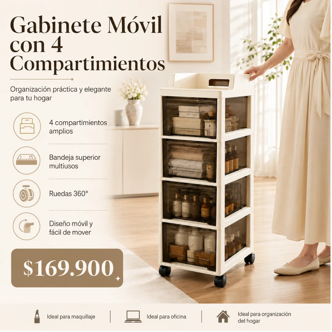 Gabinete Organizador Móvil de 4 Cajones con Ruedas 360°