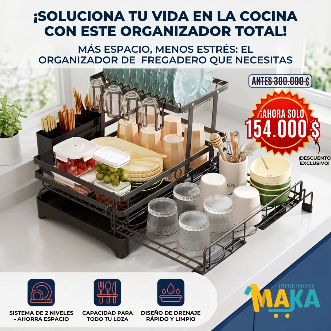 Escurridor de Platos 2 Niveles con Drenaje 360° – Organizador de Cocina para Lavaplatos