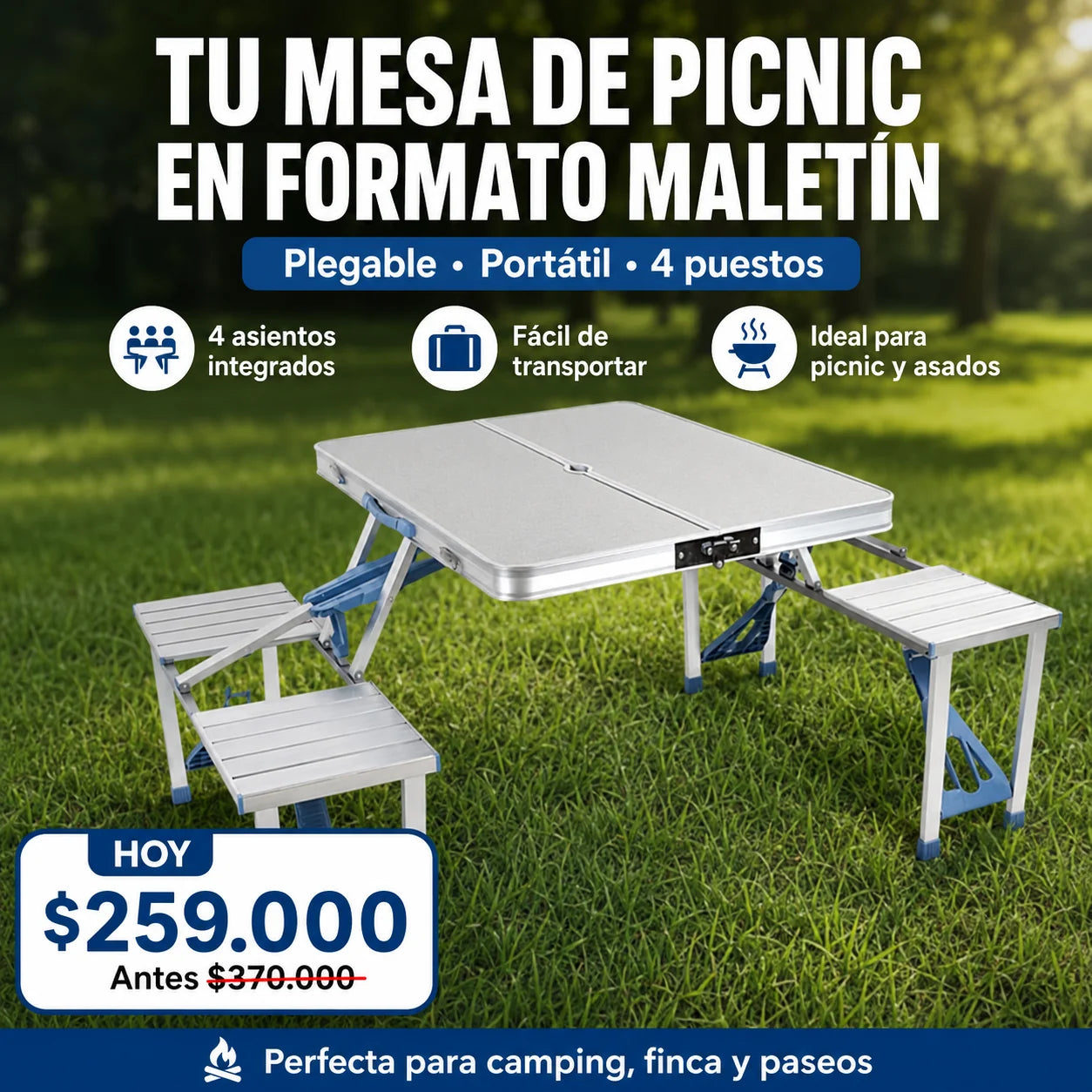 Mesa Plegable Portátil 4 Puestos Tipo Maletín para Picnic, Camping y Asados
