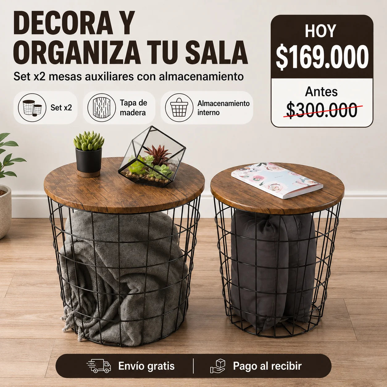 Set x2 Mesas Auxiliares Metálicas con Tapa de Madera y Almacenamiento
