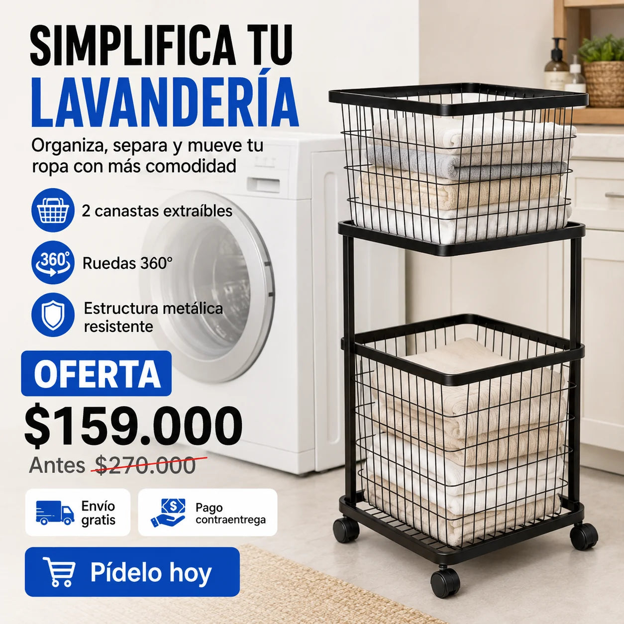 Carrito Organizador Metálico de Lavandería con 2 Canastas Extraíbles y Ruedas 360°