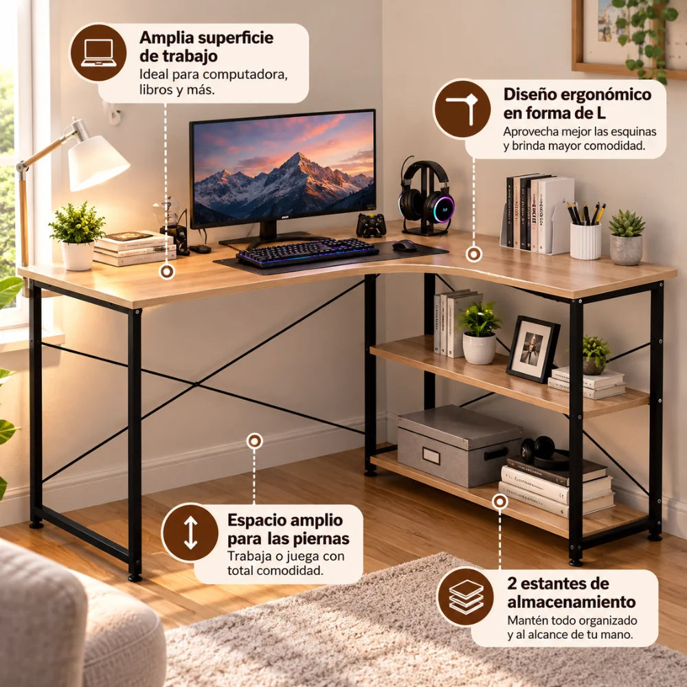 Escritorio Esquinero Plegable en L con 2 Estantes – Amplio y Ahorrador de Espacio
