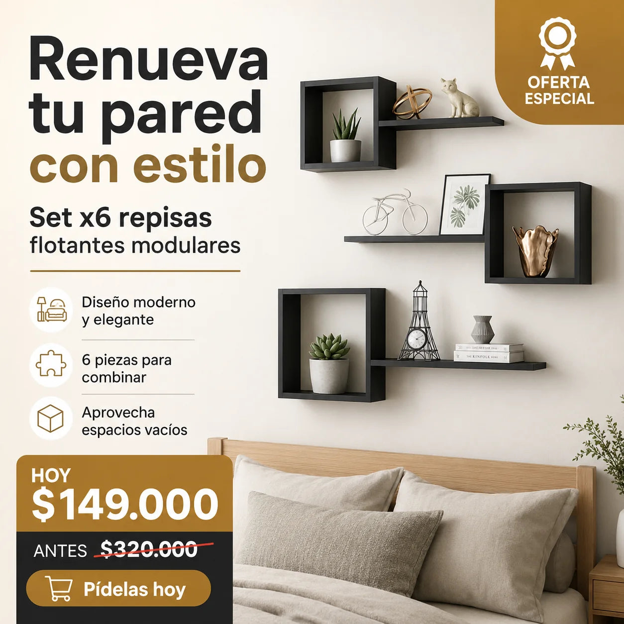 Set x6 Repisas Flotantes Modulares de Madera Premium para Pared